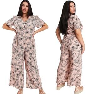 ASOS Design Floral Jumpsuit Wide Leg Cinch Ties Waist Black Pink Curve Womens 16